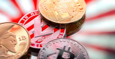 coins litecoin and Bitcoin, against the backdrop of Japan and the Japanese flag, the concept of virtual money, close-up. Conceptual image of digital crypto currency.